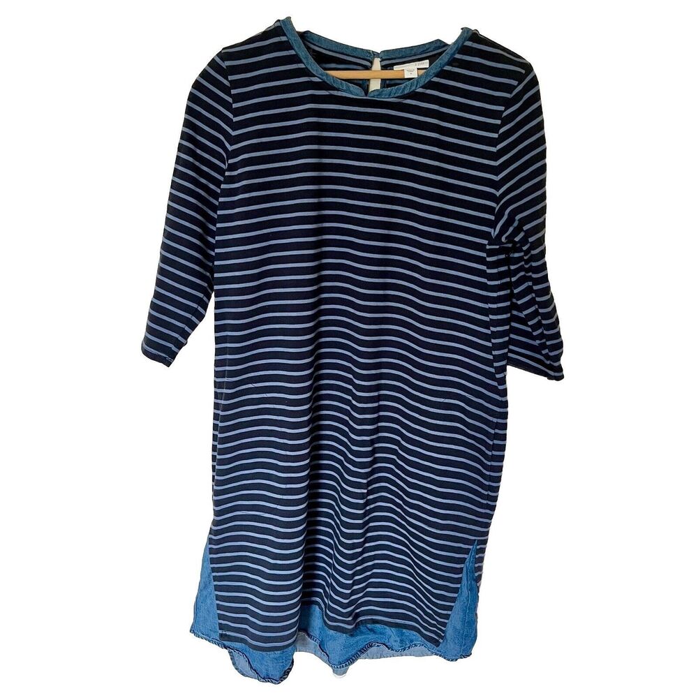 J.‎ Jill Cotton Knit Striped Pullover Shift Dress Chambray Denim Hem Medium